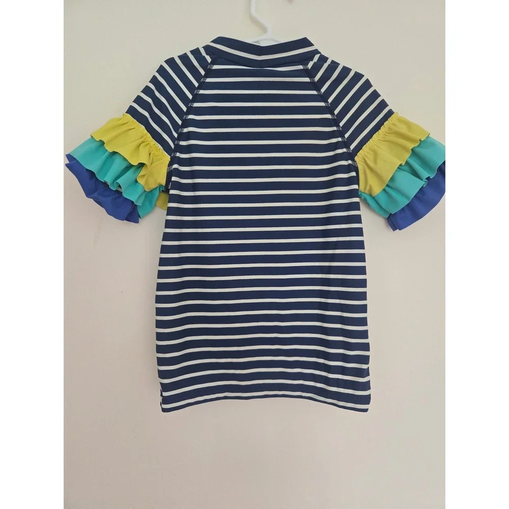 Mini Boden Girls Parrot Ruffle Rash Guard Swimsuit Set Navy Stripe 9-10Y 140cm